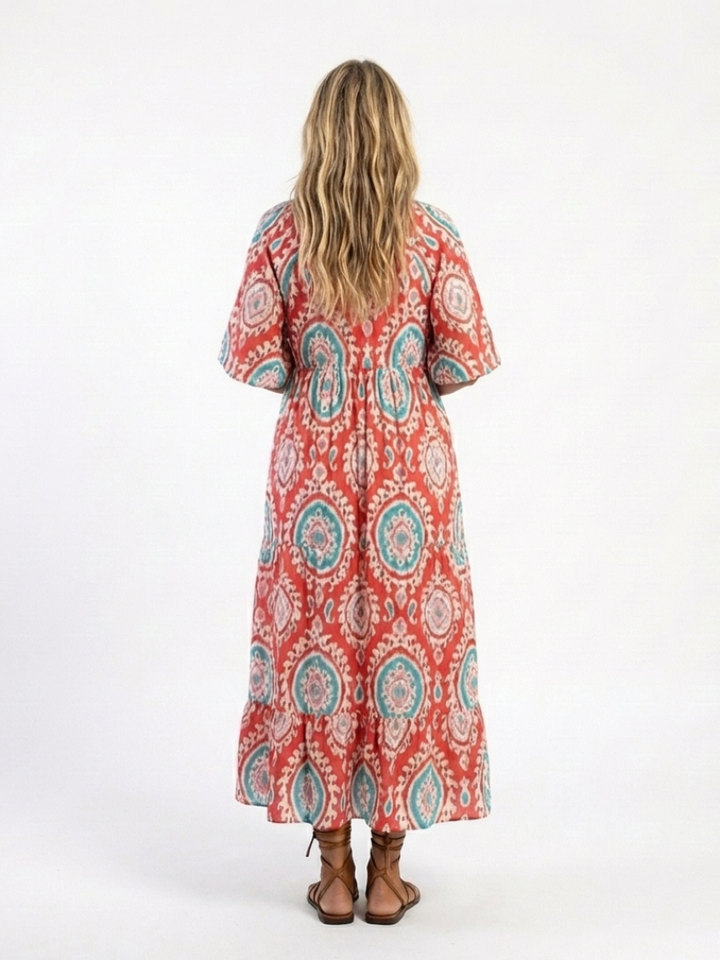 Kendall - Paisley Print V Neck Short Sleeve Midi Dress