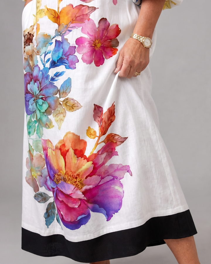 Soleil - Watercolor Bloom Print Flowing Pocket Midi Dress
