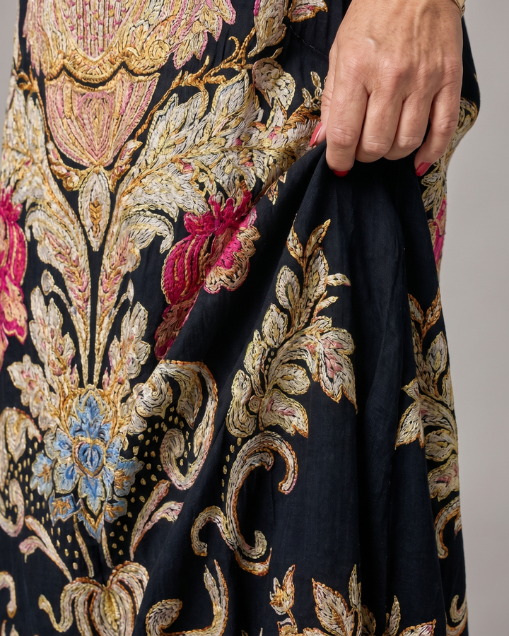 Fern - Ornate Vintage Print Three Quarter Sleeve Midi Dress