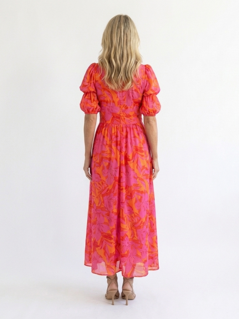Addison - Floral V Neck Puff Sleeve Midi Dress