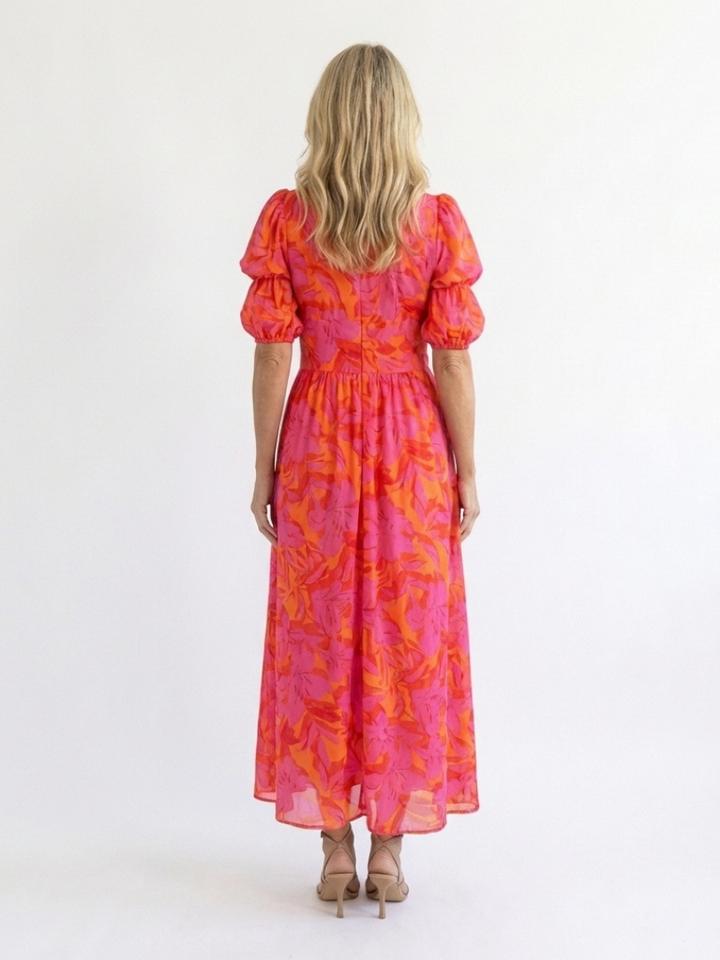 Addison - Floral V Neck Puff Sleeve Midi Dress