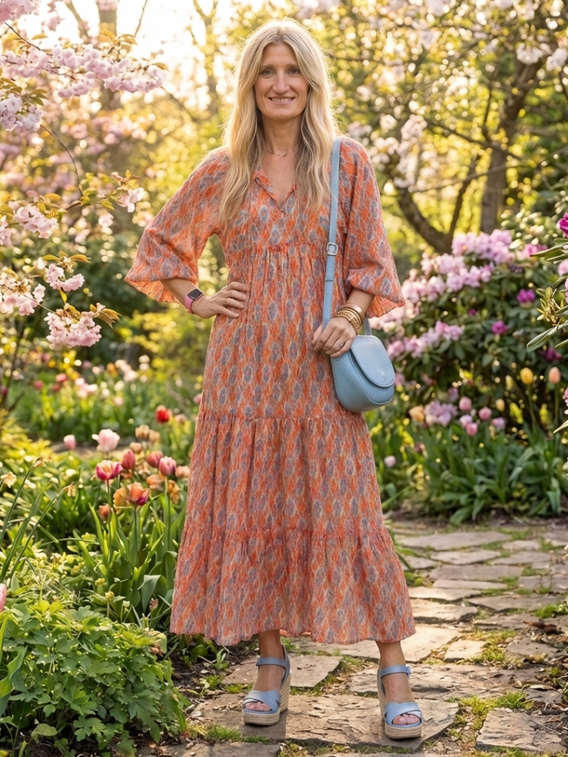 Whitney - Geometric Print V Neck Tiered Midi Dress
