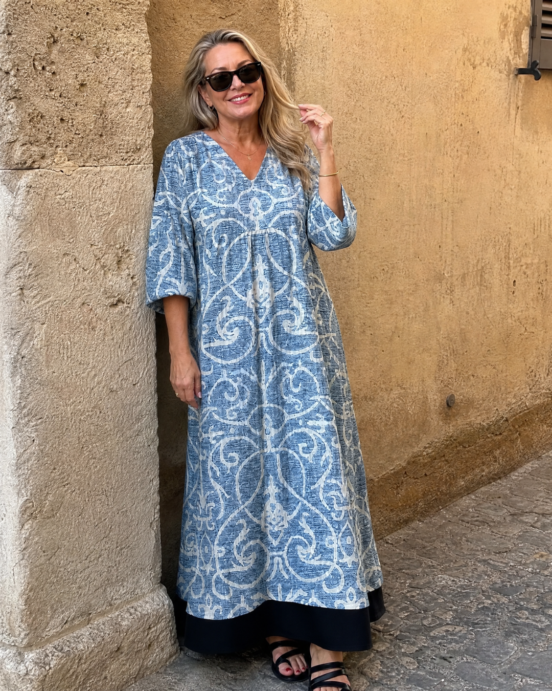 Calliope - Vintage Scroll Print Soft Drape Midi Dress