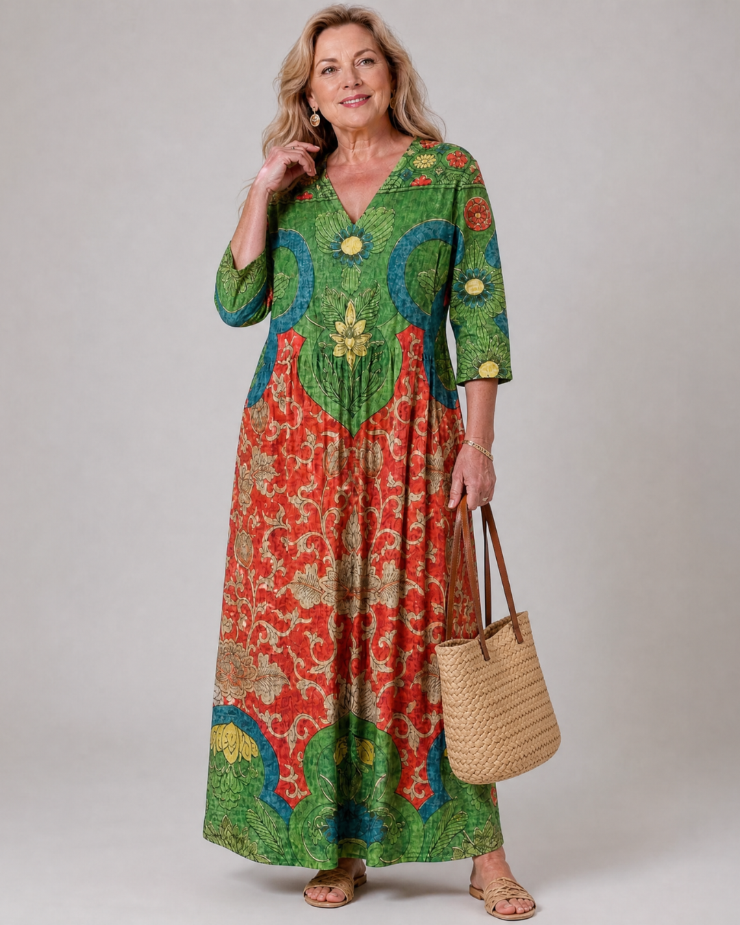 Sage - Abstract Vintage Print Relaxed Three Quarter Sleeve Midi Dress