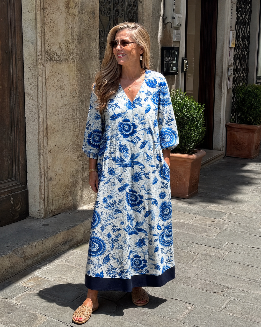 Indigo - Blue Porcelain Floral Pocket Detail Midi Dress