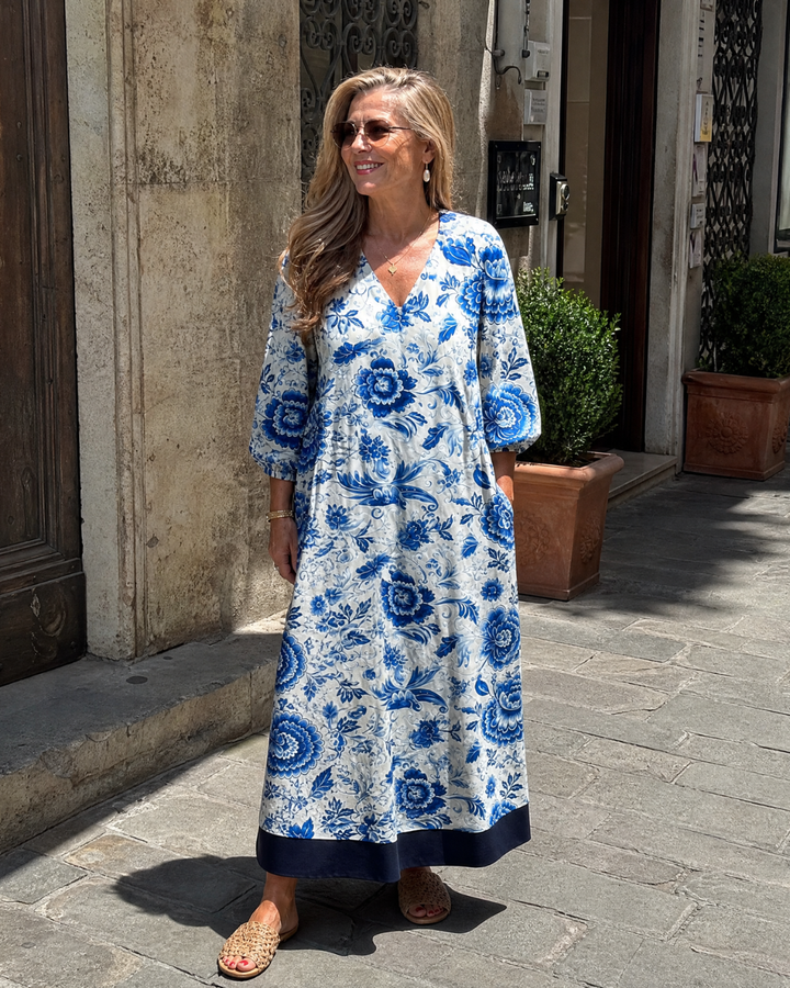 Indigo - Blue Porcelain Floral Pocket Detail Midi Dress