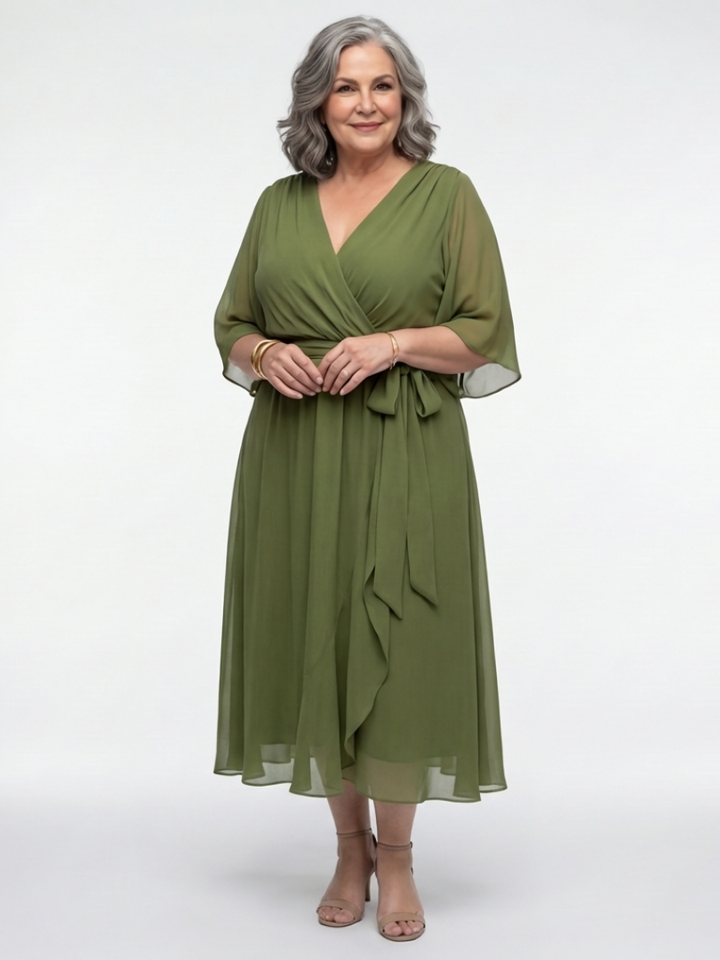 June - V Neck Draped Waist Tie Midi Dress