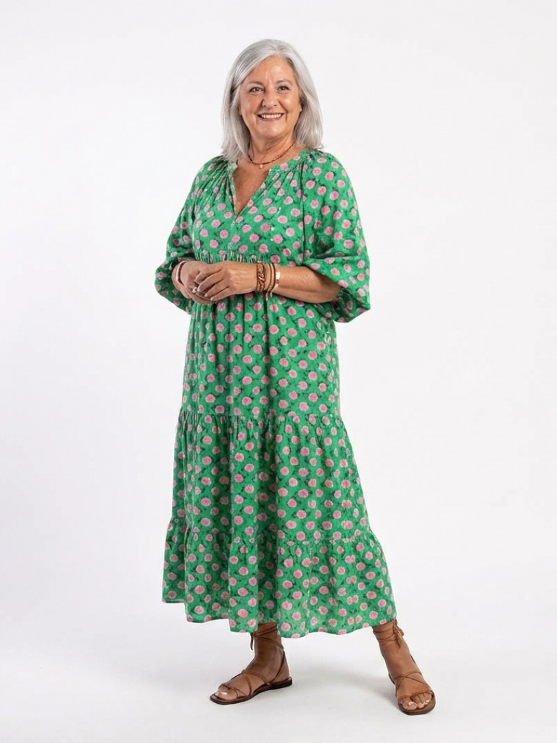 Sloane - Floral Print V Neck Tiered Midi Dress