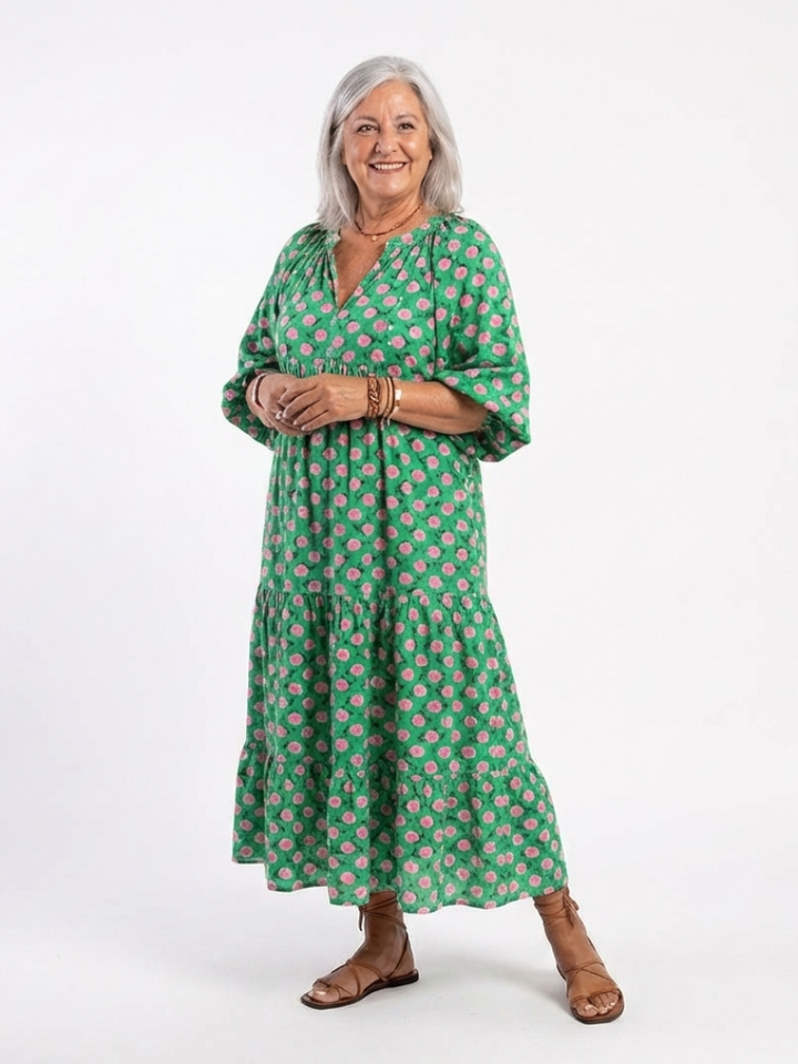 Sloane - Floral Print V Neck Tiered Midi Dress