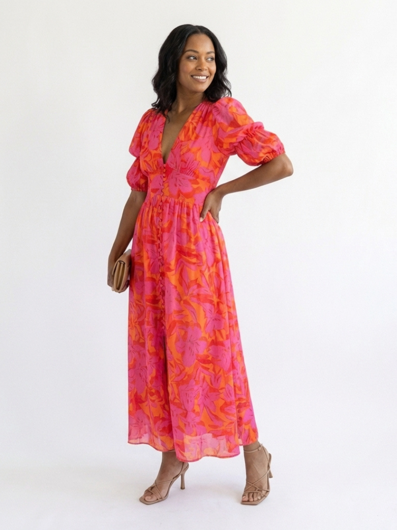 Addison - Floral V Neck Puff Sleeve Midi Dress