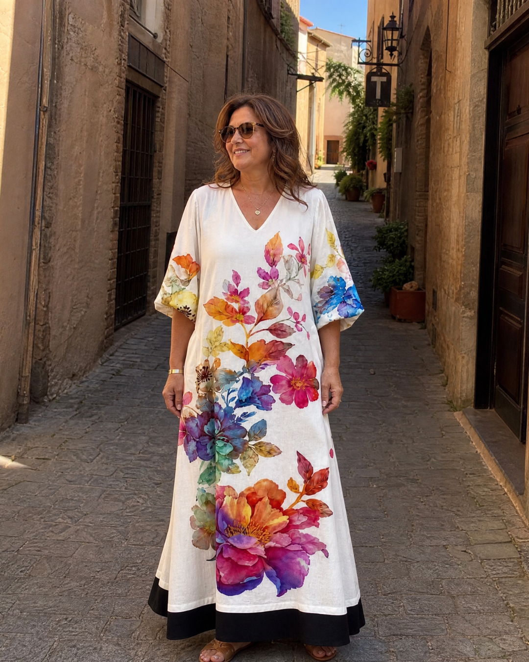 Soleil - Watercolor Bloom Print Flowing Pocket Midi Dress
