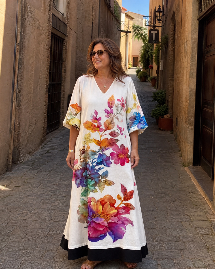 Soleil - Watercolor Bloom Print Flowing Pocket Midi Dress