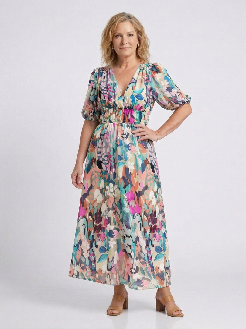 Waverly - V Neck Short Sleeve Gathered Waist Midi Dress