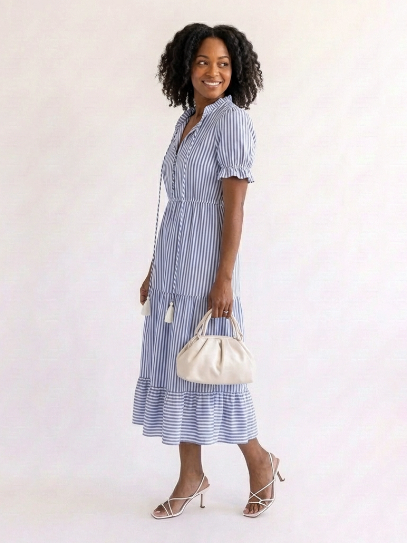 Reese - Short Sleeve Striped Tiered Midi Dress
