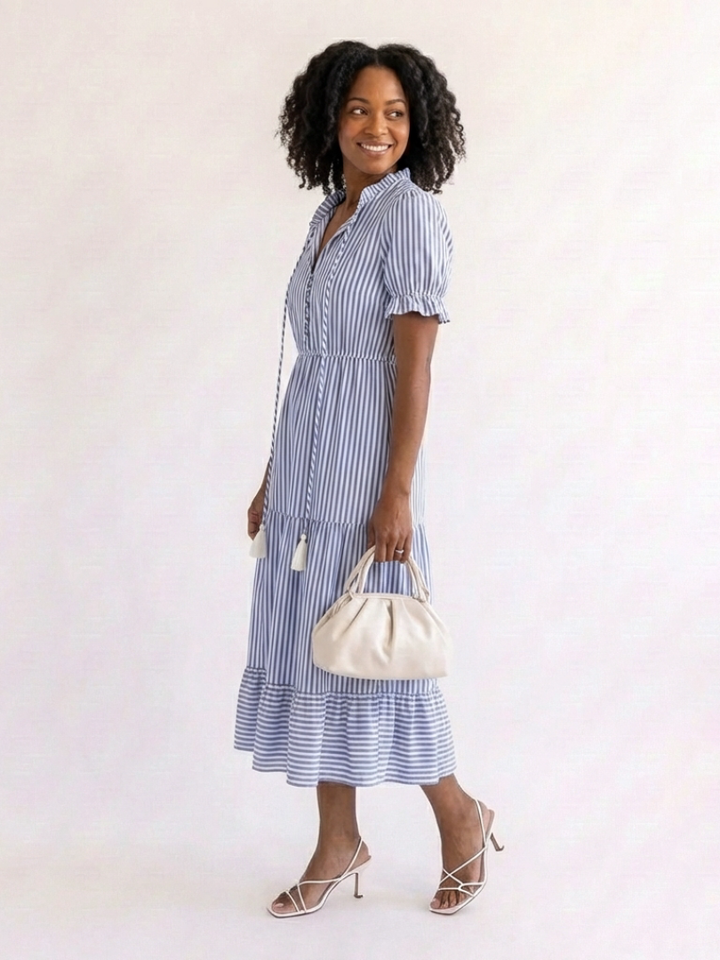 Reese - Short Sleeve Striped Tiered Midi Dress