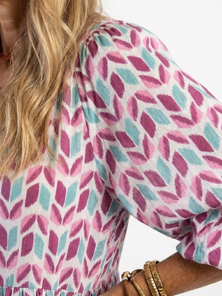 Presley - Geometric Print Long Sleeve Tiered Midi Dress