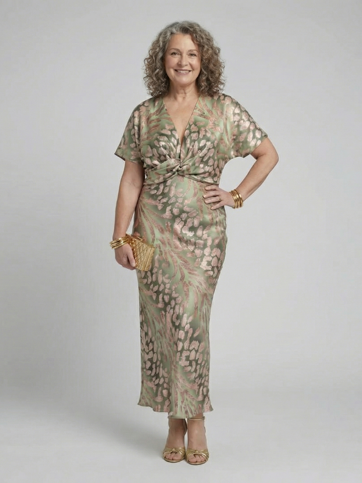 Shelby - Abstract Print V Neck Twist Waist Midi Dress