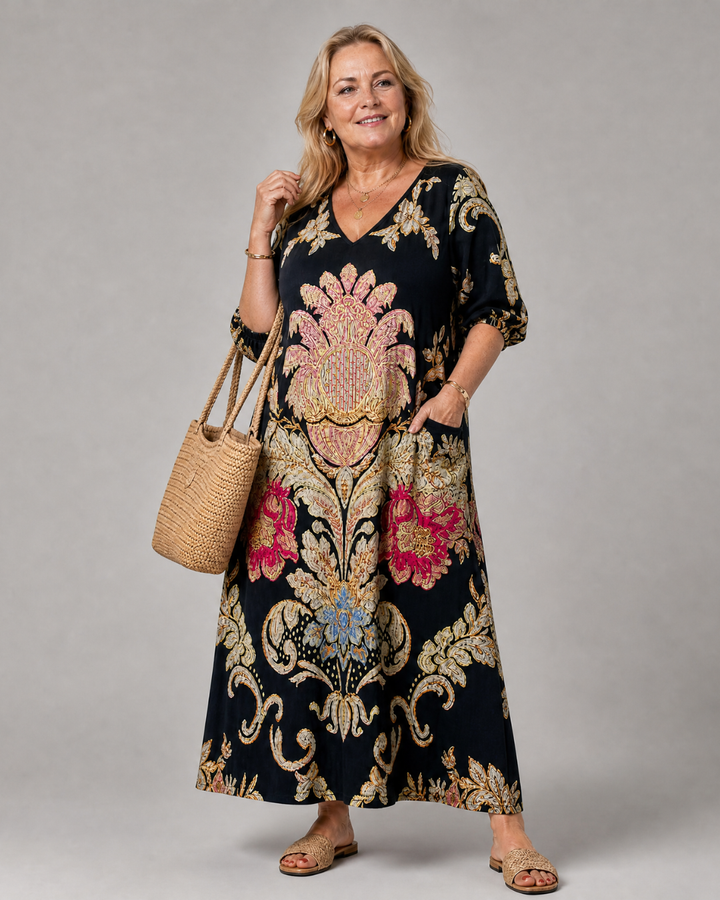 Fern - Ornate Vintage Print Three Quarter Sleeve Midi Dress