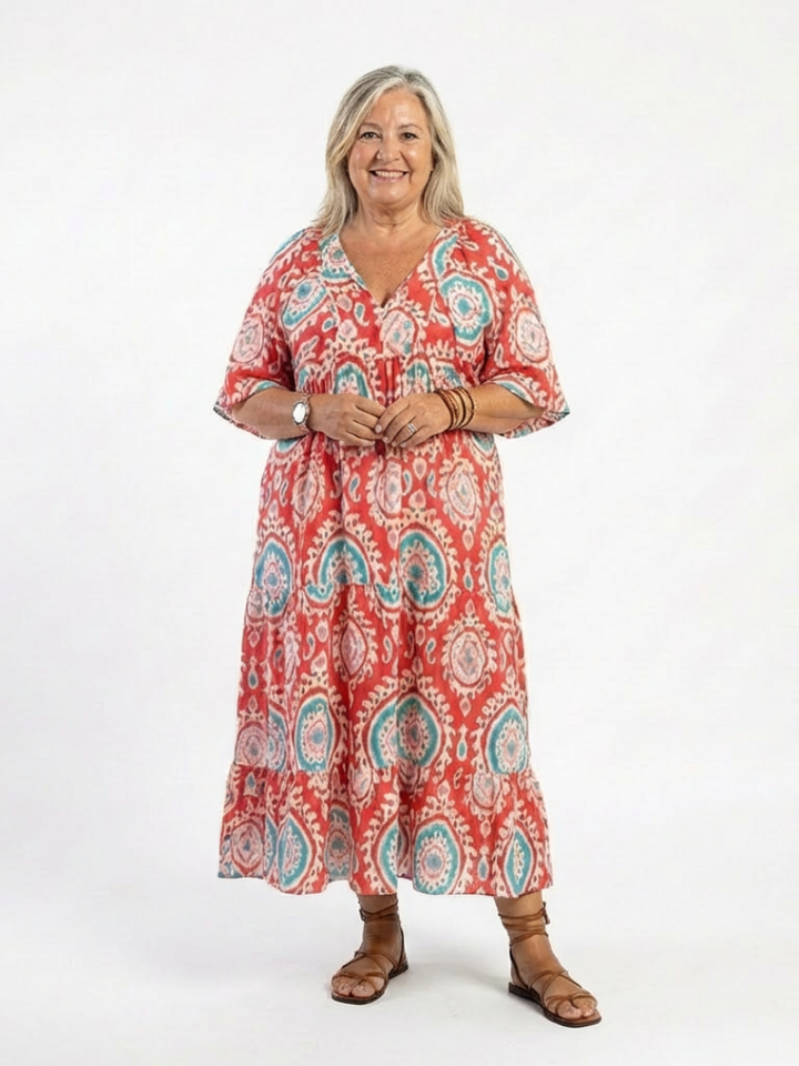 Kendall - Paisley Print V Neck Short Sleeve Midi Dress