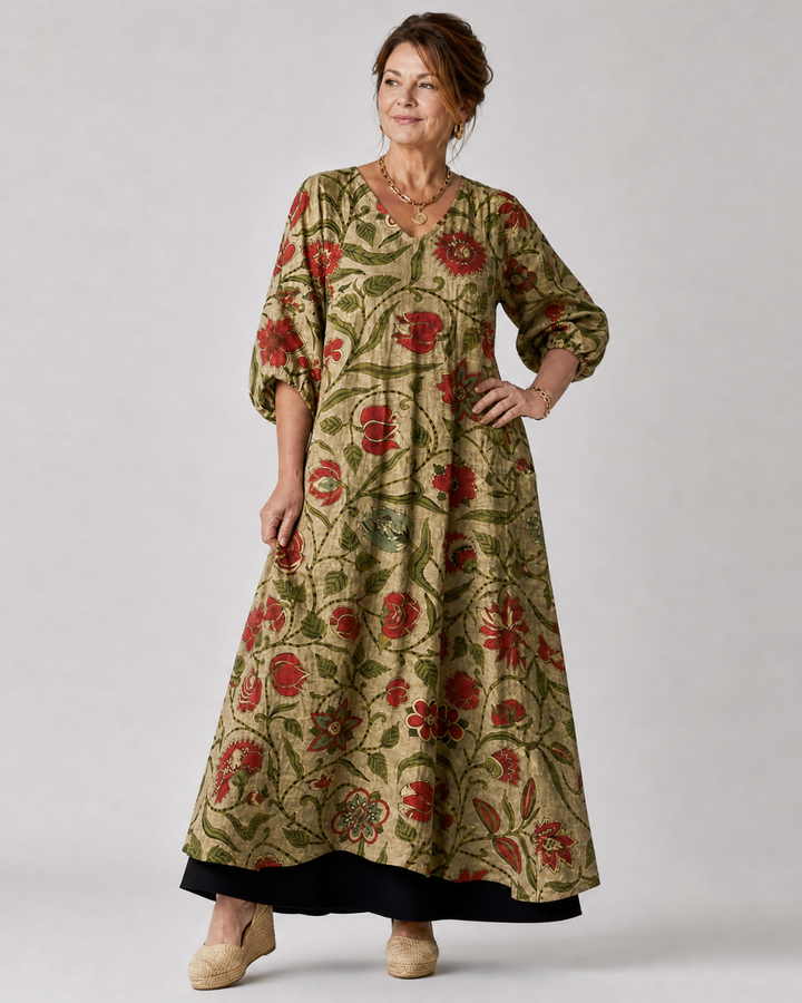 Sable - Botanical Print Relaxed Three Quarter Sleeve Midi Dress