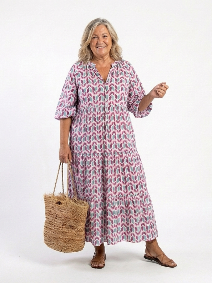 Presley - Geometric Print Long Sleeve Tiered Midi Dress