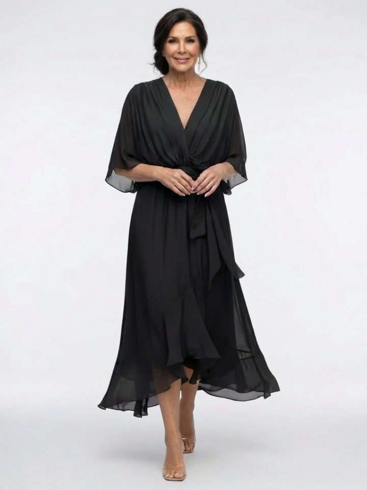 June - V Neck Draped Waist Tie Midi Dress