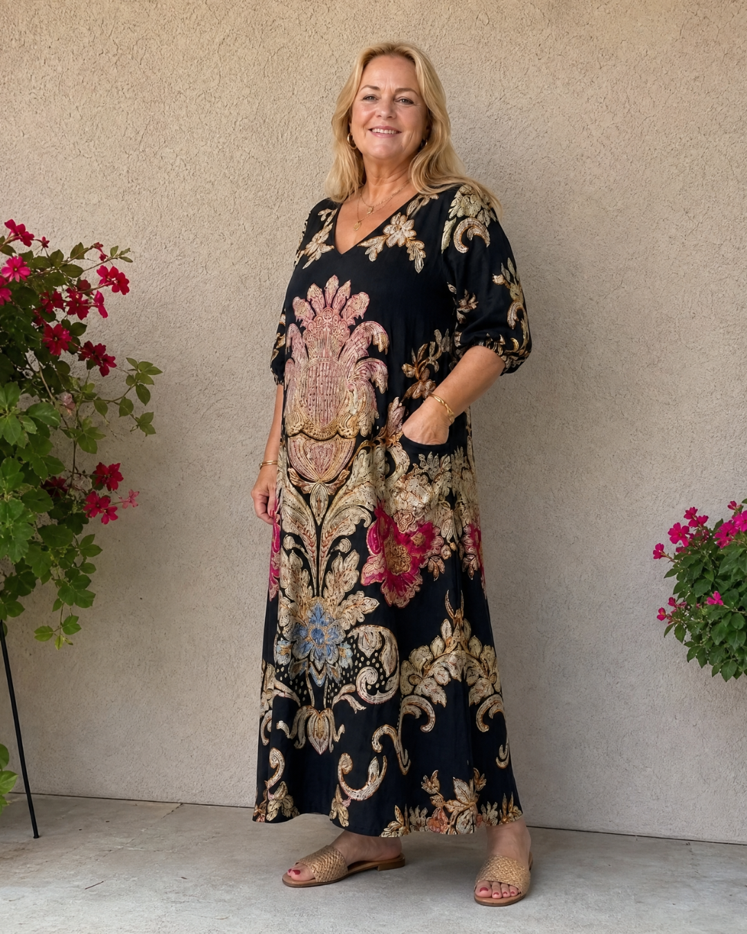 Fern - Ornate Vintage Print Three Quarter Sleeve Midi Dress