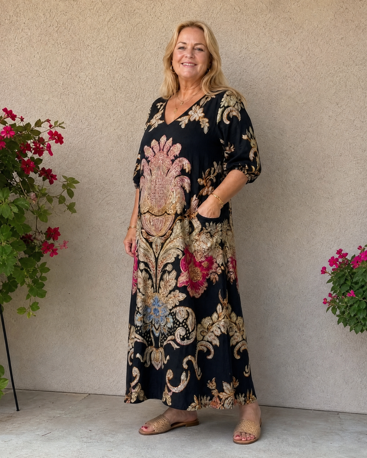 Fern - Ornate Vintage Print Three Quarter Sleeve Midi Dress