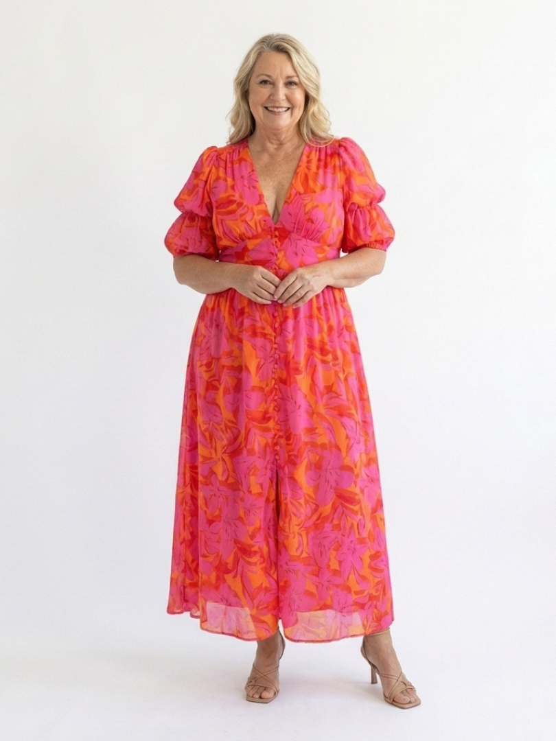Addison - Floral V Neck Puff Sleeve Midi Dress