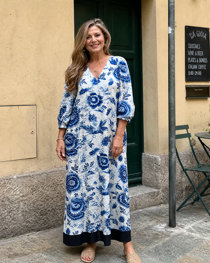 Indigo - Blue Porcelain Floral Pocket Detail Midi Dress