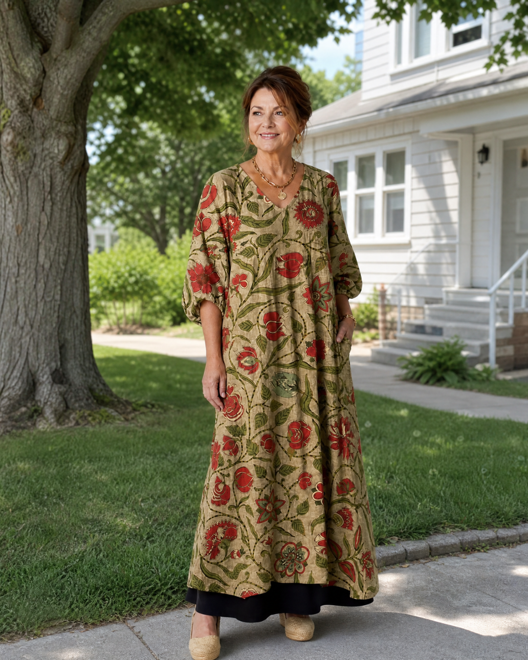 Sable - Botanical Print Relaxed Three Quarter Sleeve Midi Dress