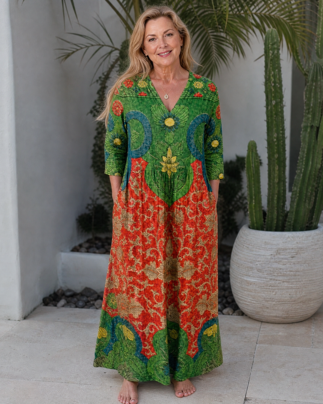 Sage - Abstract Vintage Print Relaxed Three Quarter Sleeve Midi Dress