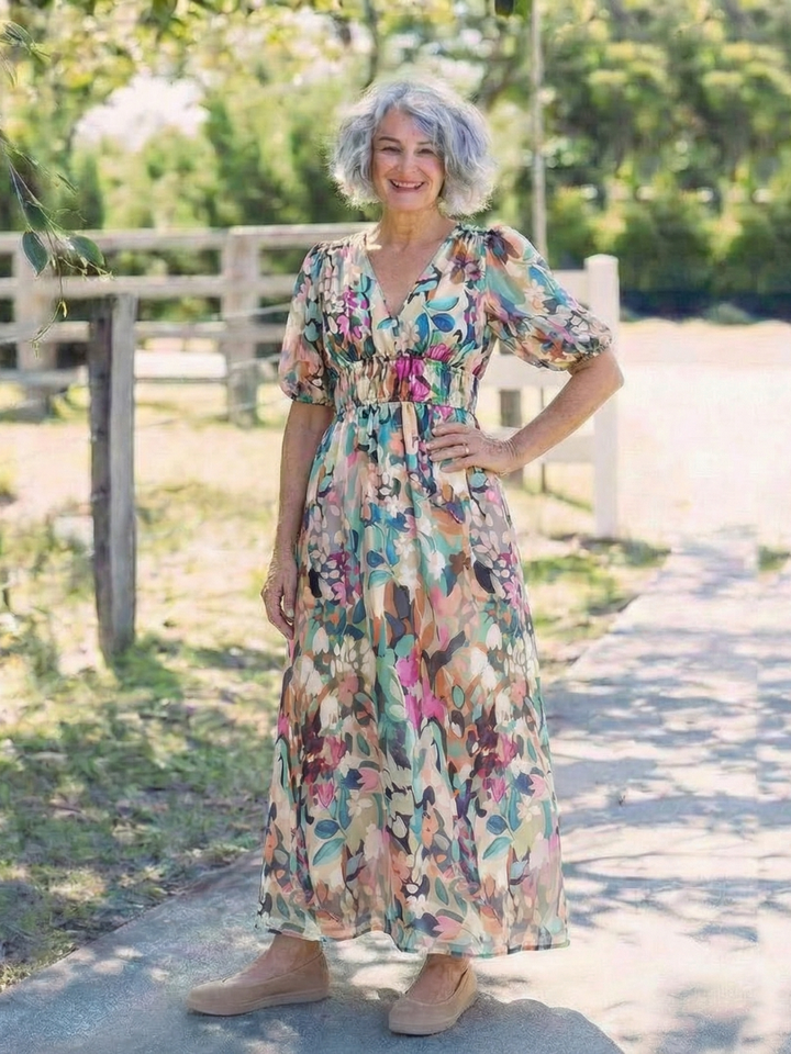 Waverly - V Neck Short Sleeve Gathered Waist Midi Dress