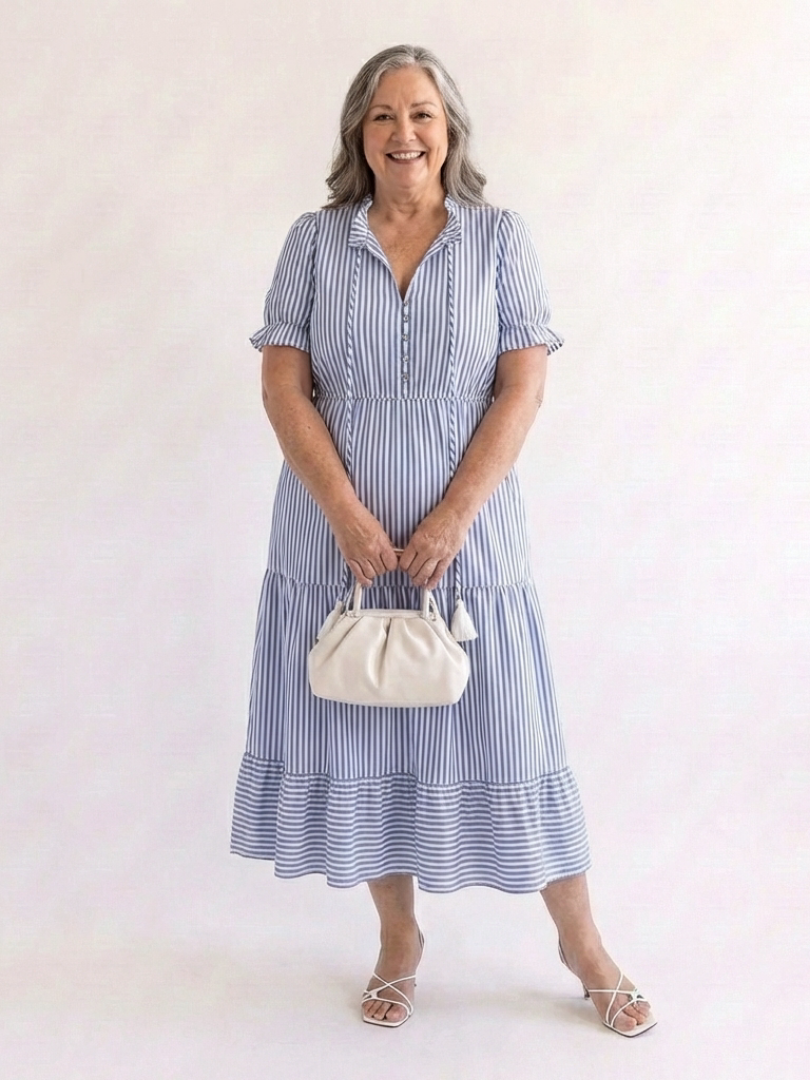 Reese - Short Sleeve Striped Tiered Midi Dress