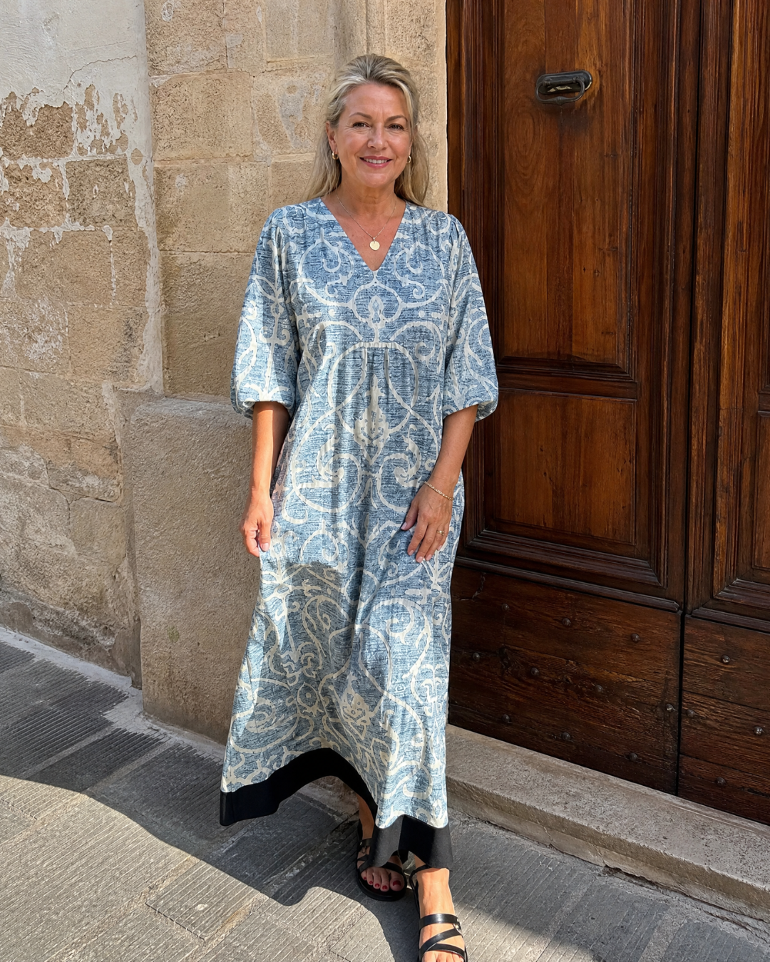 Calliope - Vintage Scroll Print Soft Drape Midi Dress