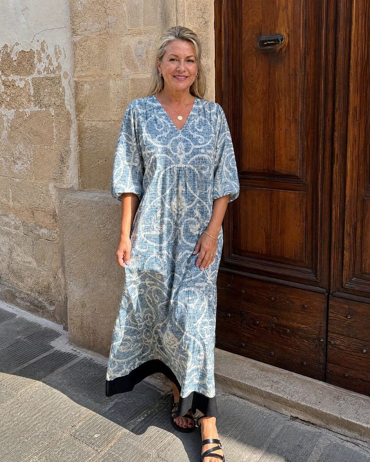 Calliope - Vintage Scroll Print Soft Drape Midi Dress