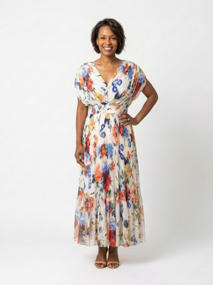 Cassidy - Short Sleeve Pleated Floral Midi Dress