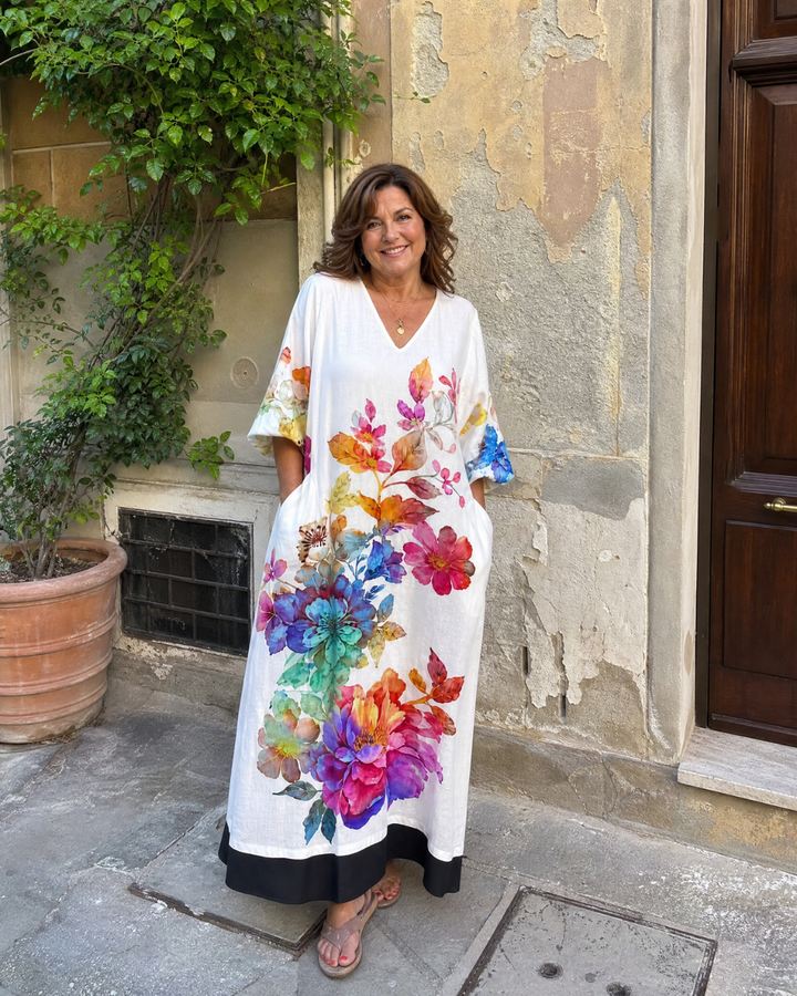 Soleil - Watercolor Bloom Print Flowing Pocket Midi Dress