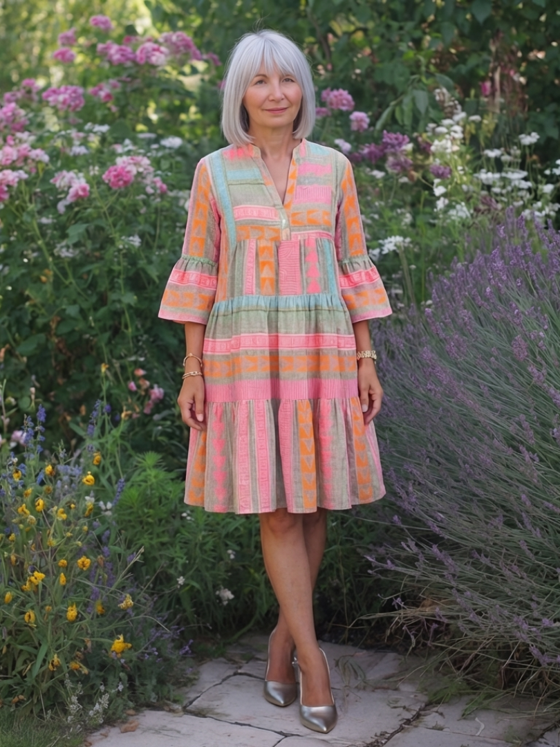Harlow - Geometric Print V Neck Tiered Knee Length Dress