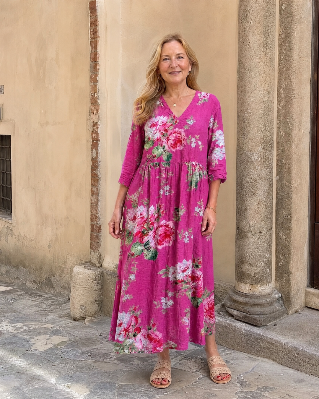 Ember - Vintage Rose Print Gathered Waist Midi Dress