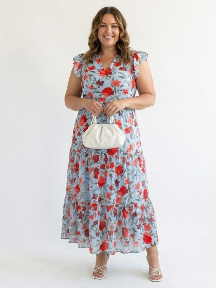 Darby - Floral V-Neck Tiered Midi Dress