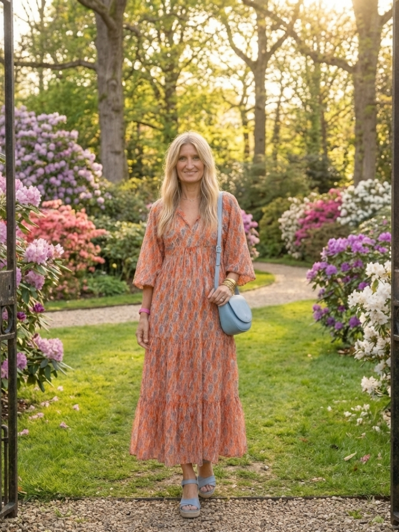 Whitney - Geometric Print V Neck Tiered Midi Dress