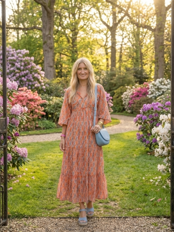 Whitney - Geometric Print V Neck Tiered Midi Dress