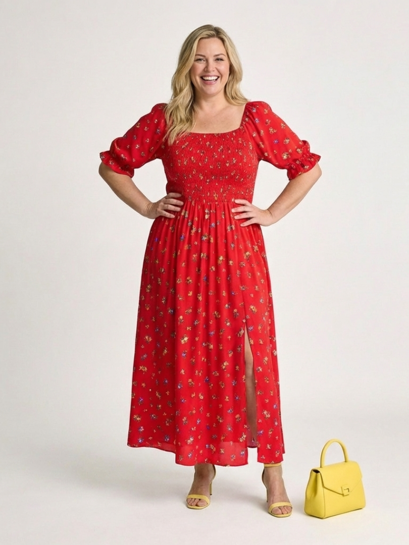 Aubrey - Square Neck Floral Puff Sleeve Midi Dress