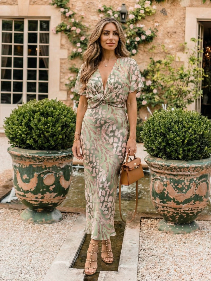 Shelby - Abstract Print V Neck Twist Waist Midi Dress