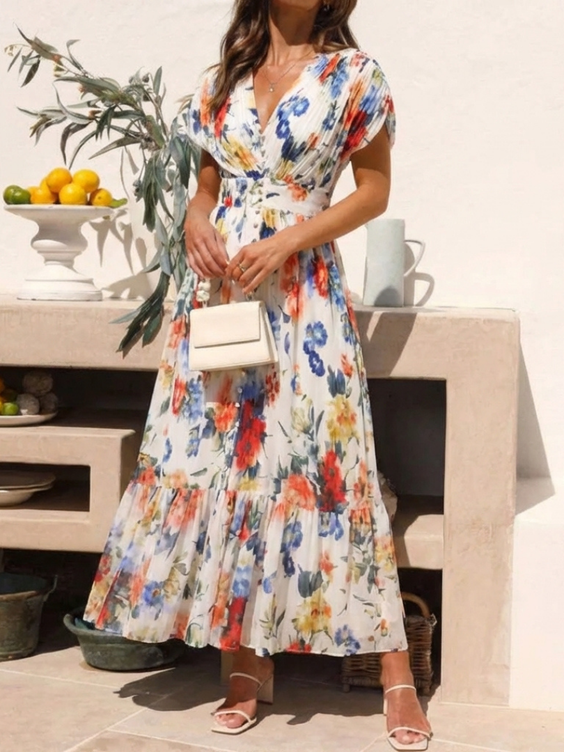 Cassidy - Short Sleeve Pleated Floral Midi Dress