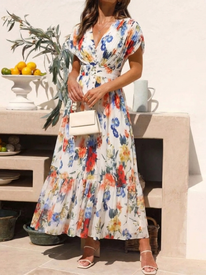 Cassidy - Short Sleeve Pleated Floral Midi Dress