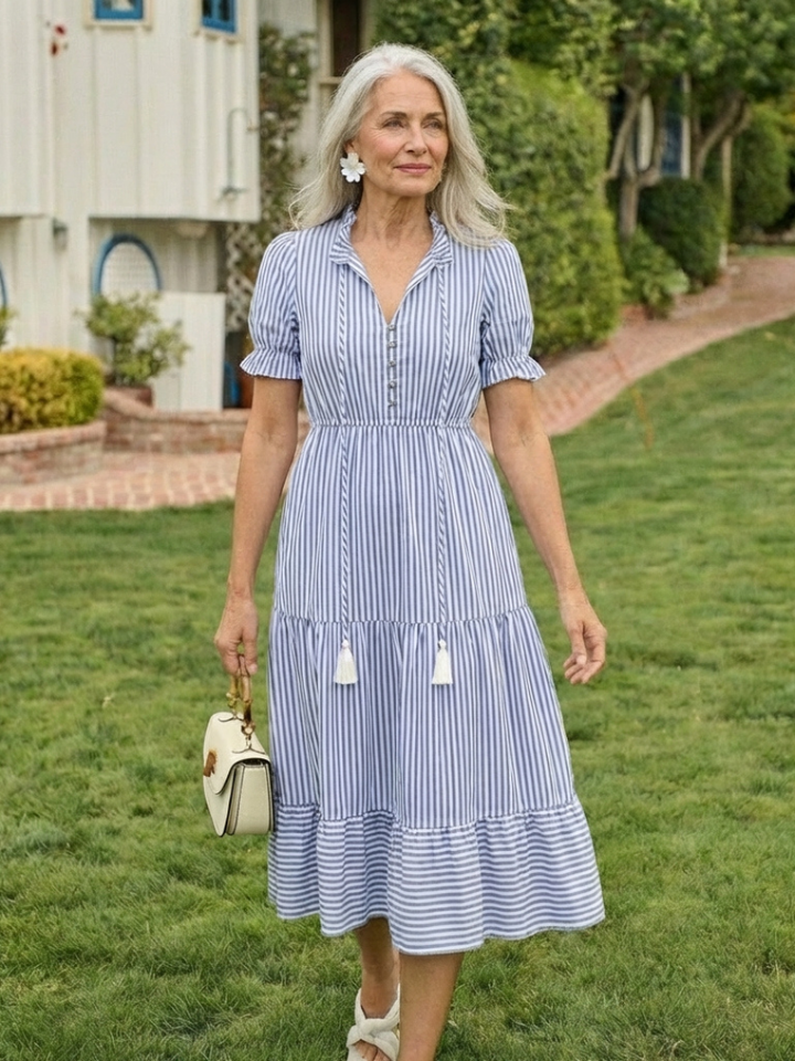 Reese - Short Sleeve Striped Tiered Midi Dress