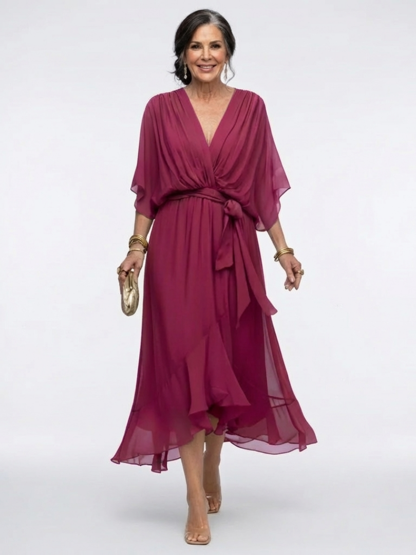 June - V Neck Draped Waist Tie Midi Dress