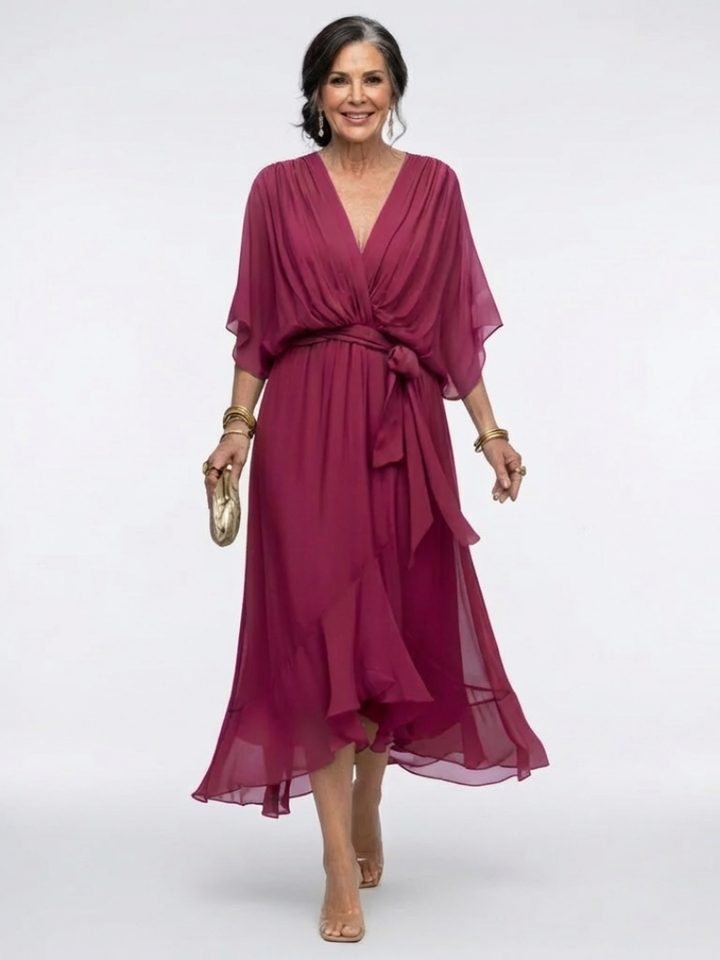 June - V Neck Draped Waist Tie Midi Dress